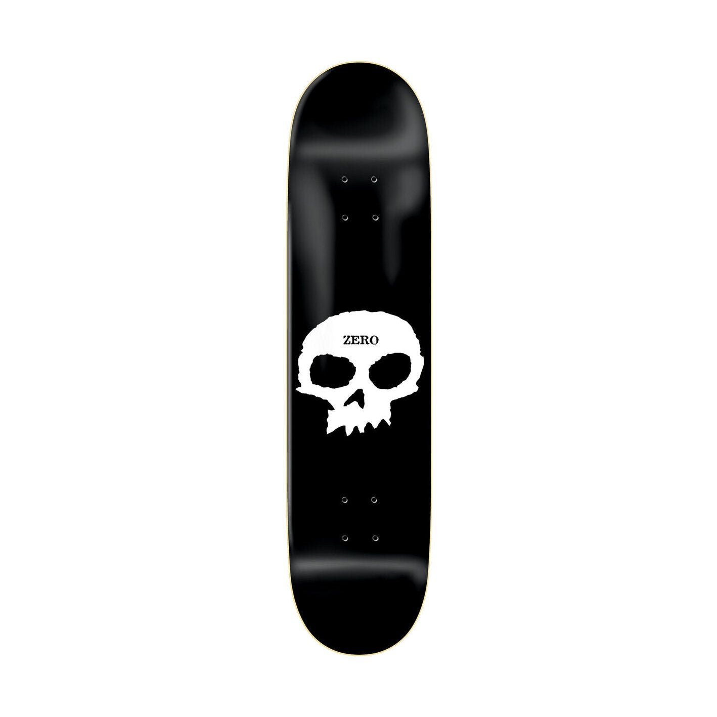 Black skateboard deck with a white skull design and 'ZERO' branding on a white background