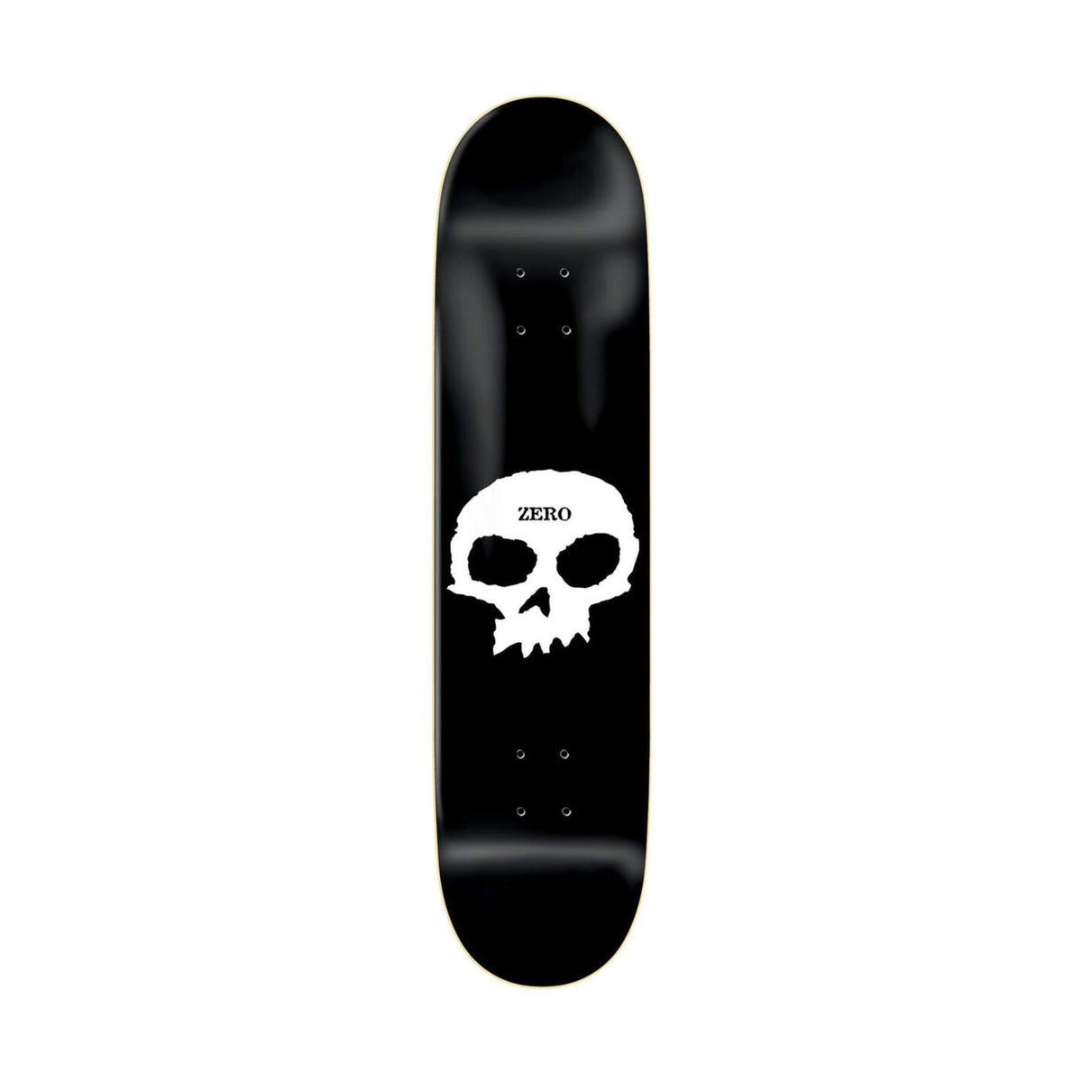 Black skateboard deck with a white skull design and 'Zero' branding on a white background