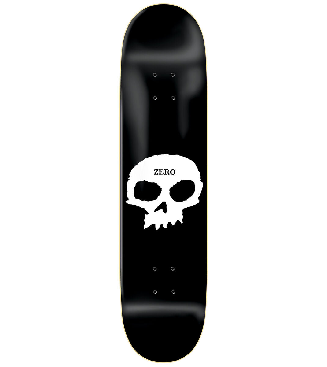 Black skateboard deck with a white skull design and 'ZERO' branding on a white background