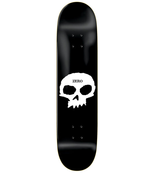 Black skateboard deck with a white skull design and 'ZERO' branding on a white background