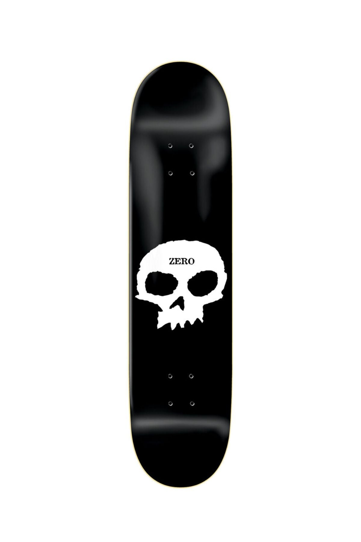 Black skateboard deck with a white skull design and 'Zero' branding on a white background