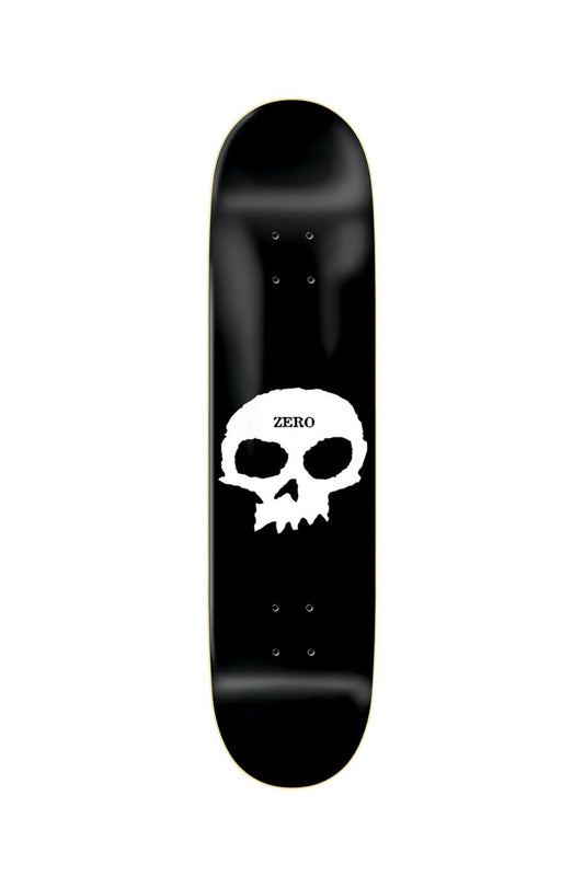 Black skateboard deck with a white skull design and 'Zero' branding on a white background